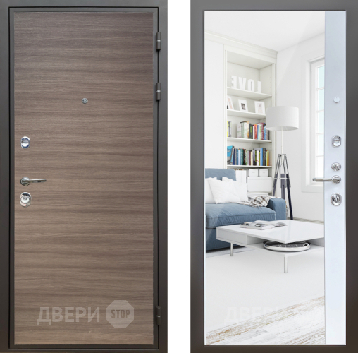 Входная металлическая Дверь Шелтер (SHELTER) Комфорт Дуб тоскано поперечный 14 с зеркалом Белый матовый в Электроуглях