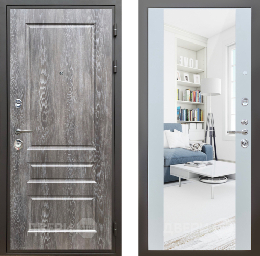 Входная металлическая Дверь Шелтер (SHELTER) Комфорт Дуб шале серебро 13 с зеркалом Белый матовый в Электроуглях