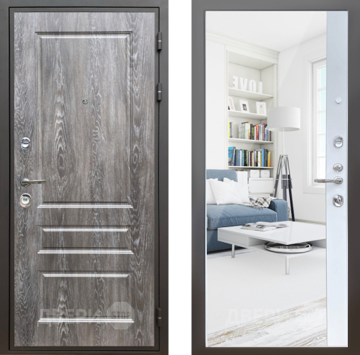 Входная металлическая Дверь Шелтер (SHELTER) Комфорт Дуб шале серебро 14 с зеркалом Белый матовый в Электроуглях